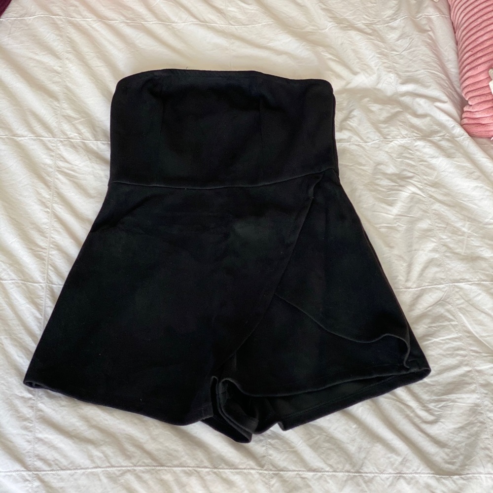 Black suede strapless romper with front skirt